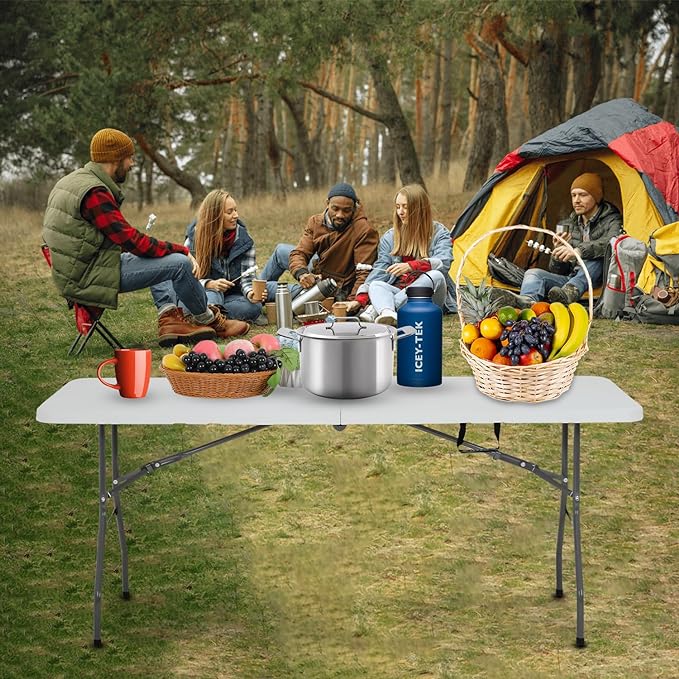 6 Foot Folding Table Small Table Multipurpose Indoor Outdoor Heavy Duty Camping Table Portable Picnic Table Fold-in-Half Utility Dining Table Lock for Picnic, Party, Camping,White-NeatNest