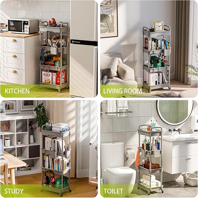 4 Tier Rolling Cart Organizer,Art Craft Diaper Bedside Snack Laundry Room Bathroom Organizer Narrow Thin Slim Rolling Trolley Utility Cart with Wheels for Kitchen,Office(Grey)-NeatNest