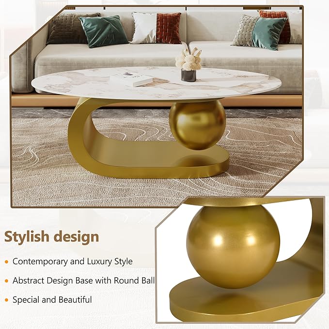 47.2" Modern Oval Coffee Table Marble Pattern Sintered Stone Tabletop Gold Stainless Steel Base End Tables Center Table Sofa Table for Living Room Office Bedroom Balcony, White & Gold