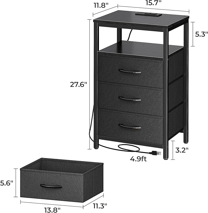 Huuger Nightstands Set of 2, 27.6 Inch End Tables with Charging Station, Bed Side Tables with Fabric Drawers, USB Port and Outlet, Night Stands for Bedroom, Black