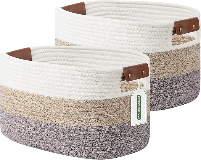 Cotton Rope Basket , Storage Baskets with Handle, 15x10x9 Inch Woven Basket for Shelves, Laundry, Towels, Clothes, Books, Toys (Gradient Brown 2 Pack)-NeatNest