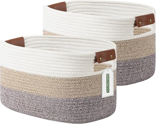 Cotton Rope Basket , Storage Baskets with Handle, 15x10x9 Inch Woven Basket for Shelves, Laundry, Towels, Clothes, Books, Toys (Gradient Brown 2 Pack)-NeatNest