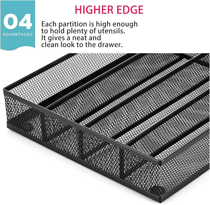 JANE EYRE Utensil Drawer Organizer, Cutlery Tray Silverware Flatware Storage Divider for Kitchen, Mesh Wire with Non-slip Foam Feet, 5 Component, Black-NeatNest