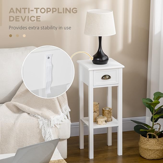 HOMCOM 2-Tier Side Table with Drawer, Narrow End Table with Bottom Shelf, for Living Room, Set of 1, White