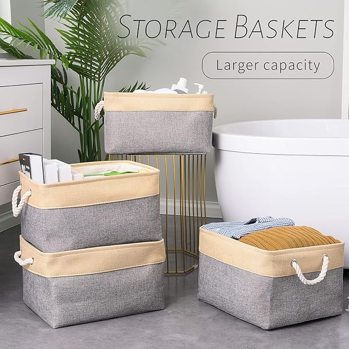 TcaFmac Cube Storage Bin, Storage Baskets for Organizing [4 Pack] Closet Organizers and Storage with Handles(Gold&Grey,15.7" L×11.8" W×8.2" H)-NeatNest
