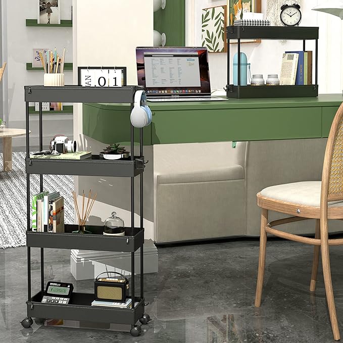 SPACEKEEPER Slim Rolling Storage Cart 4 Tier Bathroom Organizer Cart Mobile Shelving Unit Slide Out Utility Cart for Kitchen, Bthroom, Makeup, Craft, Laundry Narrow Places, Black