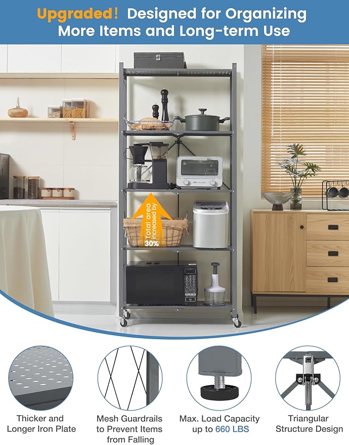 ALANNG 70.7" H Metal Storage Shelves, 5 Tier Folding Storage Shelves on Wheels, Heavy Duty Collapsible Shelving Unit, No Assembly Storage Rack for Kitchen, Basement, Pantry (Grey,1 Pack)