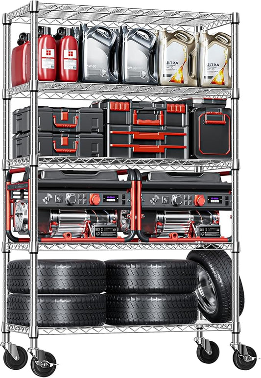 IZEUK 5-Tier Storage Shelving Unit with Wheels, Adjustable Heavy Duty Steel Wire Rack Organizer (Chrome, 17.7" D x 47.2" W x 76.7" H, 1750 lbs Capacity) for Garage, Kitchen, Pantry, Laundry, Basement-NeatNest