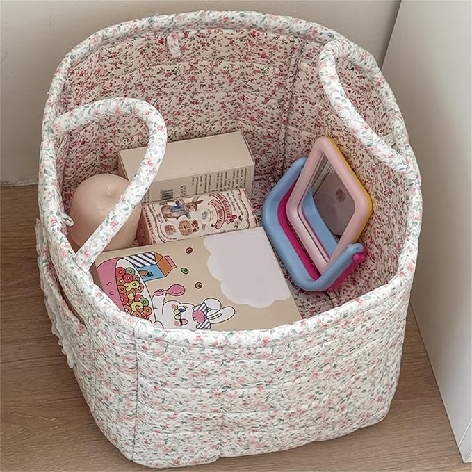 Boho Fabric Storage Basket Quilted Floral Print Baskets Organizer Bin with Handles for Home, Picnic, Shopping (Green, L)-NeatNest