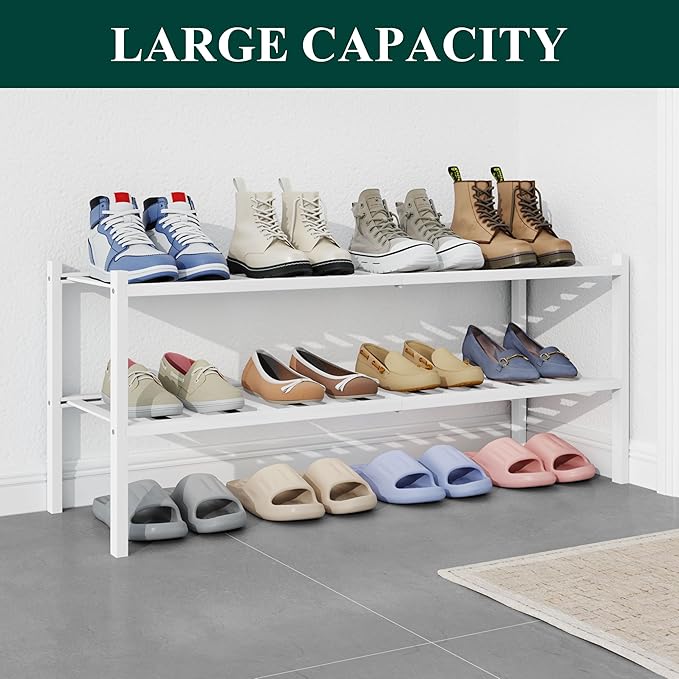 Smiry Bamboo Shoe Rack for Closet, 2 Tier Long Wooden Stackable Shoe Organizer, Free Standing Shoes Storage Shelf for Entryway, Front Door Entrance, White-NeatNest