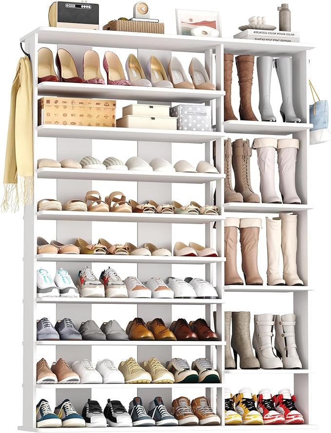 HOMEFORT 10 Tiers Shoe Rack, 50 Pairs Large Shoe Shelf, 61.8" Tall Shoe Tower, Freestanding Shoe Rack Organizer with Open Shelves, Wood Shoe Stand for Boot Storage, for Closet, Entryway, White-NeatNest