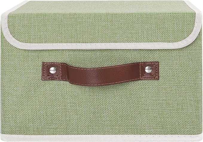 ANMINY Storage Bin with Lid Storage Boxes with PU Leather Handles PP Plastic Board Decorative Foldable Lidded Cotton Linen Fabric Home Cubes Baskets Closet Organizer Container - Green, Small Size-NeatNest