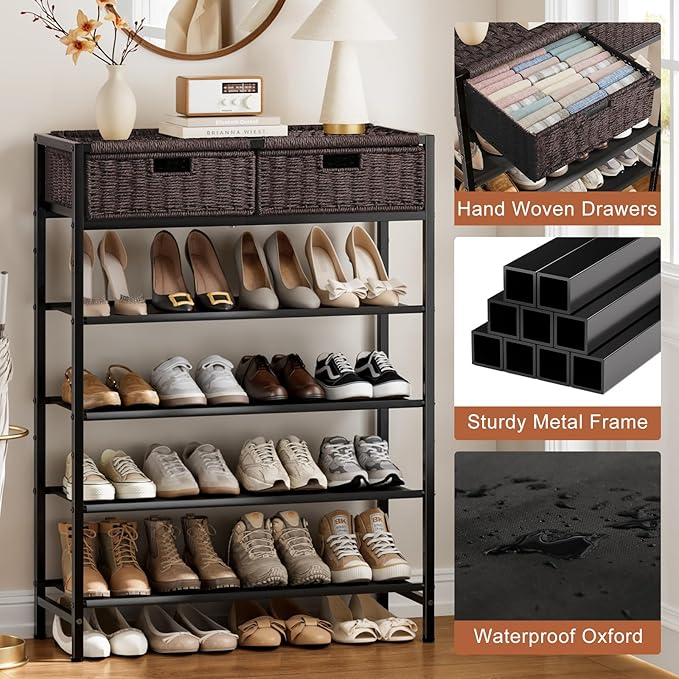 Shoe Rack, 5 Tier Shoe Storage Organizer with 2 Hand Woven Drawers, Metal Shoe Shelf for 16-20 Pairs of Shoes, with 4 Fabric Shelves and Woven Top, Shoe Stand for Closet Entryway, Dark Brown-NeatNest