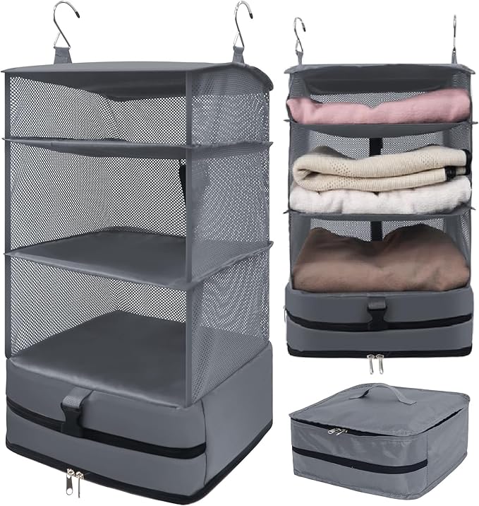 Caroeas Portable Hanging Travel Shelves Bag Suitcase Organizer Carry-on Closet Packing Cubes for Travel, 4-Shelf Suitcase Closet with 2 Hooks, Large Capacity, Gray-NeatNest