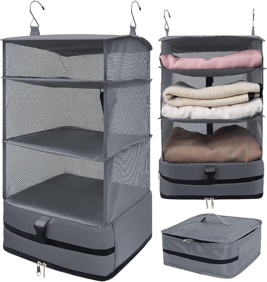 Caroeas Portable Hanging Travel Shelves Bag Suitcase Organizer Carry-on Closet Packing Cubes for Travel, 4-Shelf Suitcase Closet with 2 Hooks, Large Capacity, Gray-NeatNest