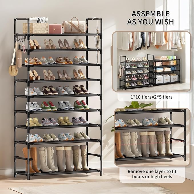 Shoe Rack, 10 Tier Shoe Storage Organizer with Hooks,Fit 40-45 Pairs Shoes,Metal Tall Shoe Shelf for Closet,Entryway, Hallway,Garage,Bedroom,Cloakroom-NeatNest