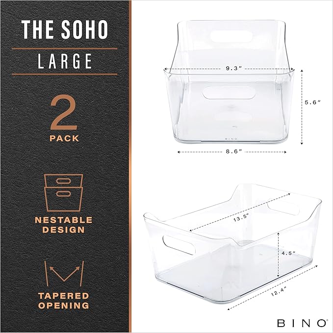 BINO | Plastic Storage Bins, Large - 2 Pack, Clear | THE SOHO COLLECTION | Pantry Organizers and Storage Containers | Fridge Organizer Bins | Kitchen Cabinet Organizer | Medicine Cabinet Bin-NeatNest