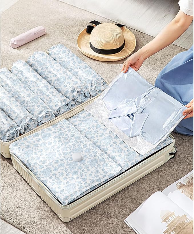 10 Pack Travel Vacuum Storage Bags with Electric Pump, 2 Large + 4 Medium + 4 Small Vacuum Sealer Bags, 80% Space Saver Bags for Luggage, Comforters and Blankets, Travel Essentials(Blue Flowers)-NeatNest