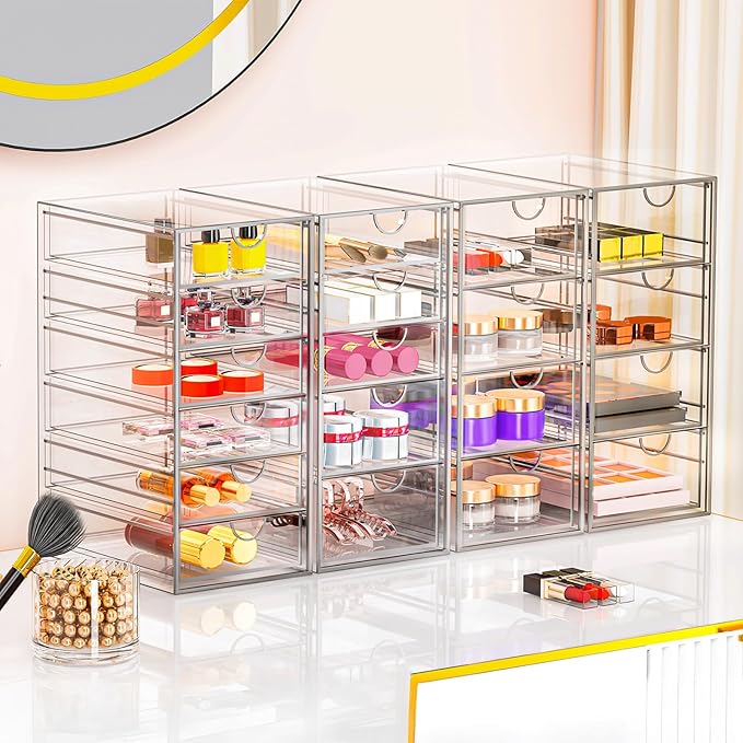 Acrylic Makeup Organizer with 19 Drawers, 4 Pack Clear Storage Drawers, Bathroom Makeup Organizer for Palettes, Cosmetic, and Beauty Supplies,Ideal for Vanity, Cabinet,Desk Organization-NeatNest