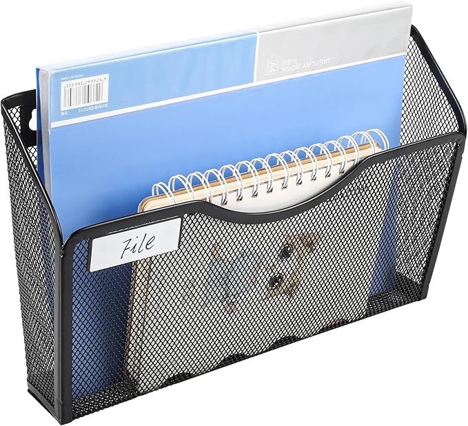 EasyPAG 6 Pack Wall File Holder with Label Panel, Single Mesh Hanging File Organizer for A4 Letter Size Paper, Wall Mount Paperwork Basket for Office, Home, School, Black