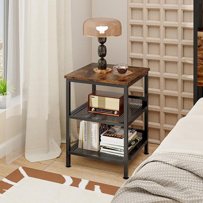 Giantex 3-Tier End Table Set of 2, Industrial Telephone Table with 2 Mesh Storage Shelves, Metal Frame, 16 Inch Square Sofa Side Table Nightstand for Living Room, Bedroom, Small Space, Rustic Brown