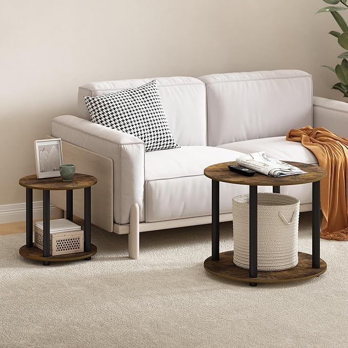 Furinno Turn-N-Tube Simple Design 2-Tier Round Wooden Small Coffee Table, Amber Pine-NeatNest