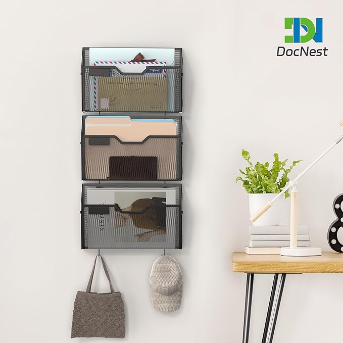 Docnest 3 Pack Hanging Wall File Holders, Mesh Wall Letter File Holder, Wall Mounted Mail Paper Document Folder Holder with Hooks for Office, Home, School, Black