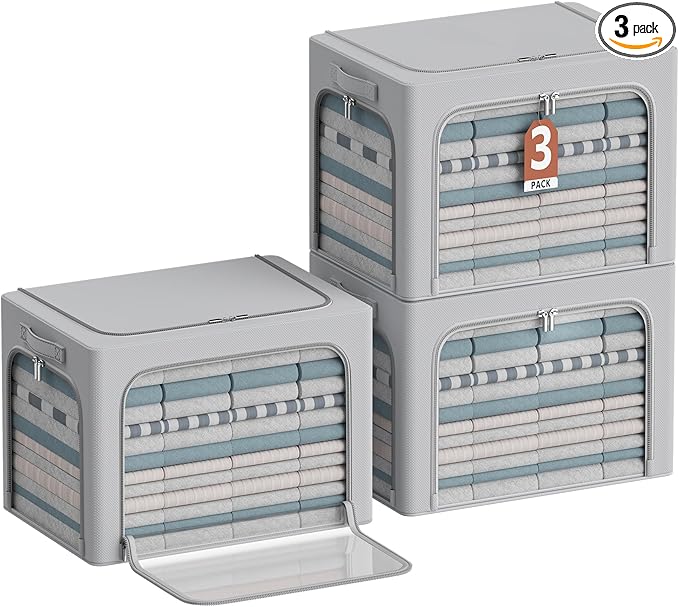 3Pack Clothes Storage Bins - Oxford Frame Storage Box Foldable Stackable Storage Organizer with 3 Openings Design, Metal Frame, Clear Window, Carry Handles (Grey, 100L-23.6 * 16.5 * 15.7in)-NeatNest