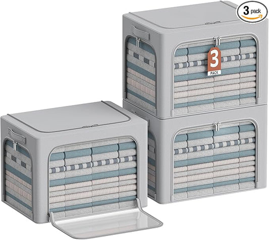 3Pack Clothes Storage Bins - Oxford Frame Storage Box Foldable Stackable Storage Organizer with 3 Openings Design, Metal Frame, Clear Window, Carry Handles (Grey, 100L-23.6 * 16.5 * 15.7in)-NeatNest