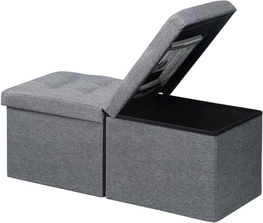 AmasSmile Storage Bench Folding Ottoman Foot Rest Stool, 34 inch Grey Linen Footstool, Short Ottoman Bench, Foot Rest Store as Books, and Blanket Storage or Others