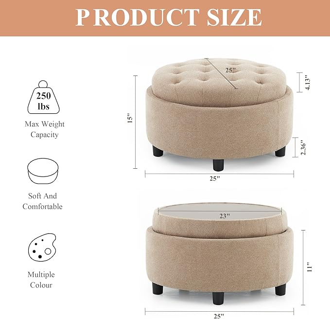 COLAMY Fabric Round Storage Ottoman with Reversible Tray Lid – Multi-Functional Footrest, Hidden Storage, Sturdy & Stylish Small Coffee Table for Living Room, Bedroom, or Entryway(Camel)-NeatNest