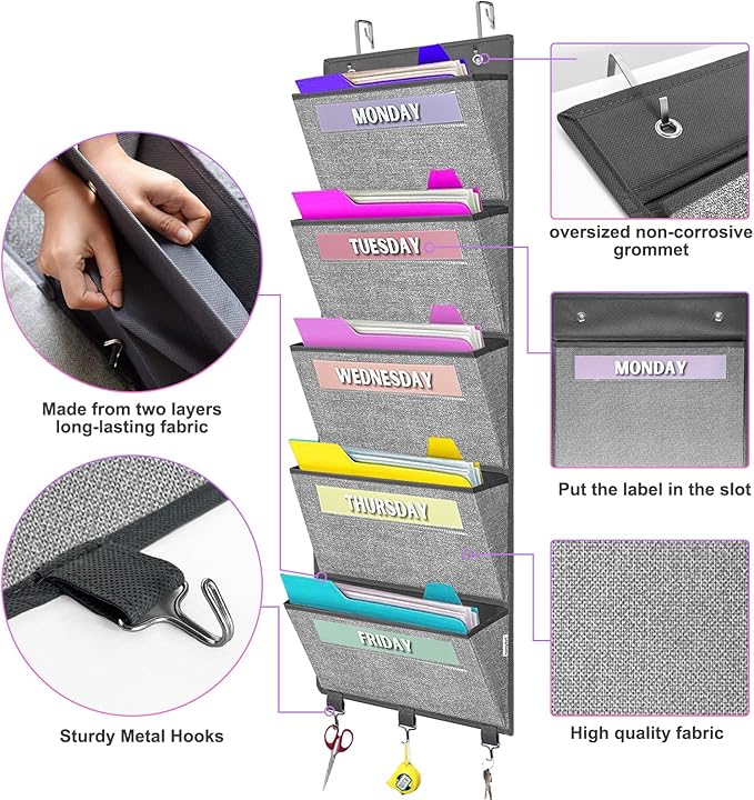 homyfort Over the Door hanging File Organizer, Weekly Hanging File Folders, Wall Organizers and Storage for Mail, Magazine, Notebooks, Office, Classroom, 5 Large Pockets, 50.39” Tall, Grey-NeatNest