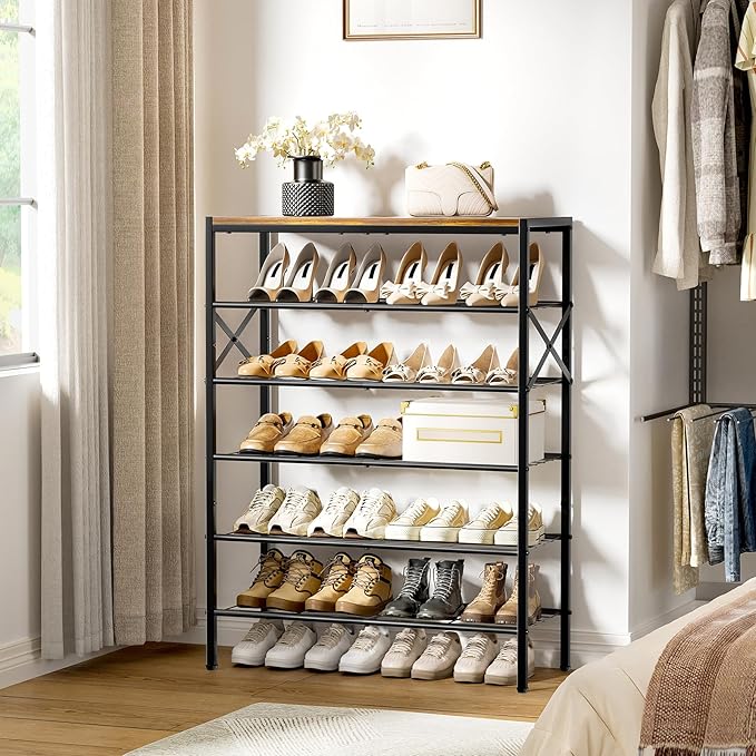 6-Tier Metal Shoe Rack Organizer Shoe Storage for Entryway 18-24 Pairs Narrow Shoe Rack for Closet Heavy-Duty Shoe Rack with Wooden Top Shelf for Garage Rustic Brown-NeatNest
