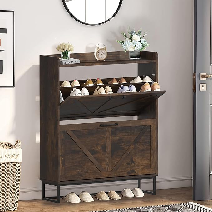 Hidden Shoe Storage Cabinets with 2 Flip Drawers and Metal Legs, Freestanding Narrow Shoe Organizer Rack for Entryway, Rustic Brown-NeatNest