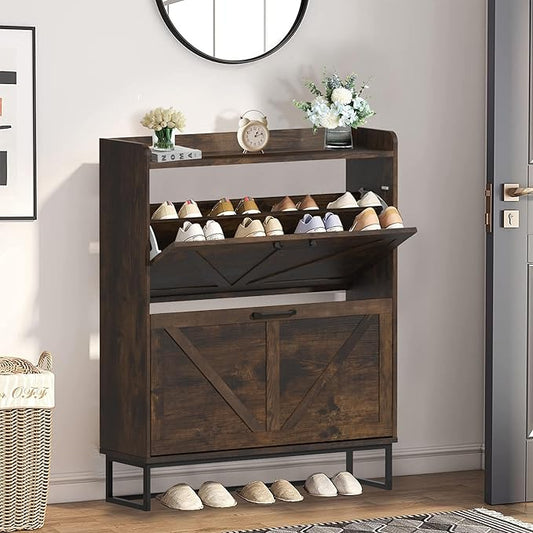 Hidden Shoe Storage Cabinets with 2 Flip Drawers and Metal Legs, Freestanding Narrow Shoe Organizer Rack for Entryway, Rustic Brown-NeatNest