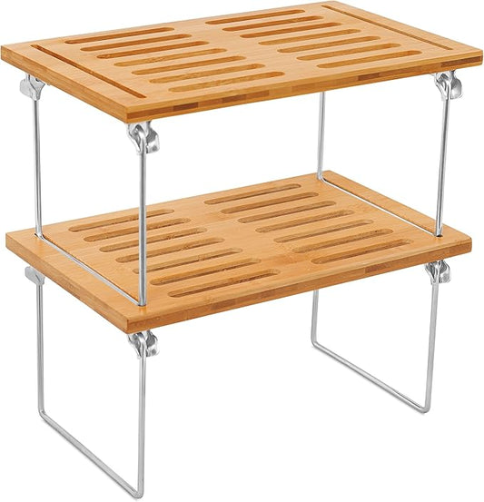 Internet's Best - Stacking Utility Shelf - Bamboo - 2 Shelves - Kitchen Cabinet Closet Organizer and Storage - Small-NeatNest