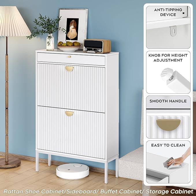 Brafab Shoe Storage Cabinet with 2 Flip Drawers&1 Small Drawer, Slim Entryway Shoe Organizer with Fluted Panel Doors for Sneakers,Pure White-NeatNest