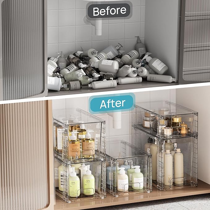 Vtopmart 3 Pack Clear Stackable Storage Drawers,Easy to Assemble Bathroom Organizers and Storage with handles,Plastic Drawers for Kitchen Pantry,Cabinet,Under Sink Organization-NeatNest