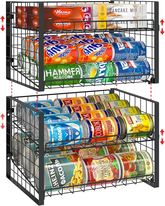JKsmart 2-Tier Stackable Can Rack Organizer for Pantry, Adjustable Can Dispenser Holds Up to 62 Cans, Can Storage Holder for Various Ounces of Canned Food Soda Drinks, Black, 2 Pack (Petent Pending)-NeatNest