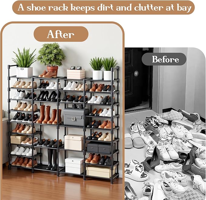 9 Tier Shoe Rack Storage Organizer Stand Shelf Cabinet, Large Shoe Rack Shelf Storage for 64-68 Pairs Freestanding Stand Cabinet with 18 Pcs Removable Side Hooks for Closet Entryway-NeatNest