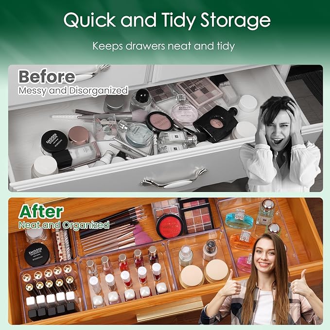 Criusia Drawer Organizer Set, Acrylic Non Slip Non Cracking Kitchen Drawer Storage Tray Large Size Divider, Multifunctional Storage for Cosmetics, Bathroom, Tools, Kitchen and Office (8 PACK)-NeatNest