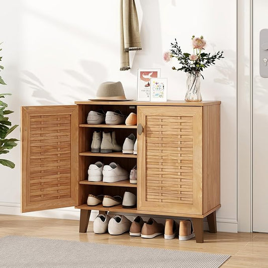 Giantex Shoe Cabinet with Doors, 4-Tier Farmhouse Shoe Rack Cabinet with 3 Adjustable Shelves, Freestanding Wood Shoe Storage Cabinet for Entryway, Closet, Hallway, Living Room-NeatNest