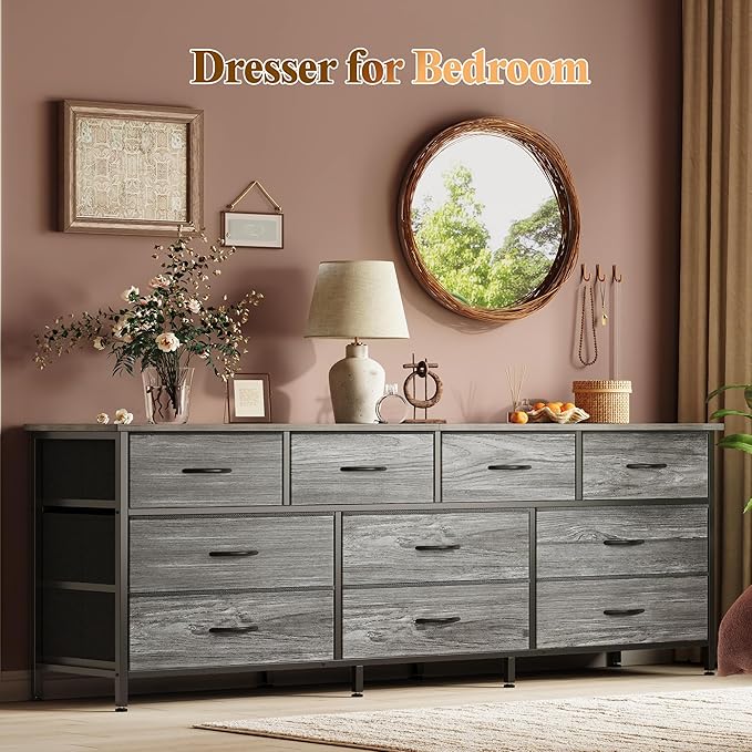 Huuger 63 Inch Dresser for Bedroom, Long Dresser with 10 Fabric Drawers, TV Stand for 55, 65, 70 Inch TV, Toy Storage Organizer for Closet, Grey-NeatNest
