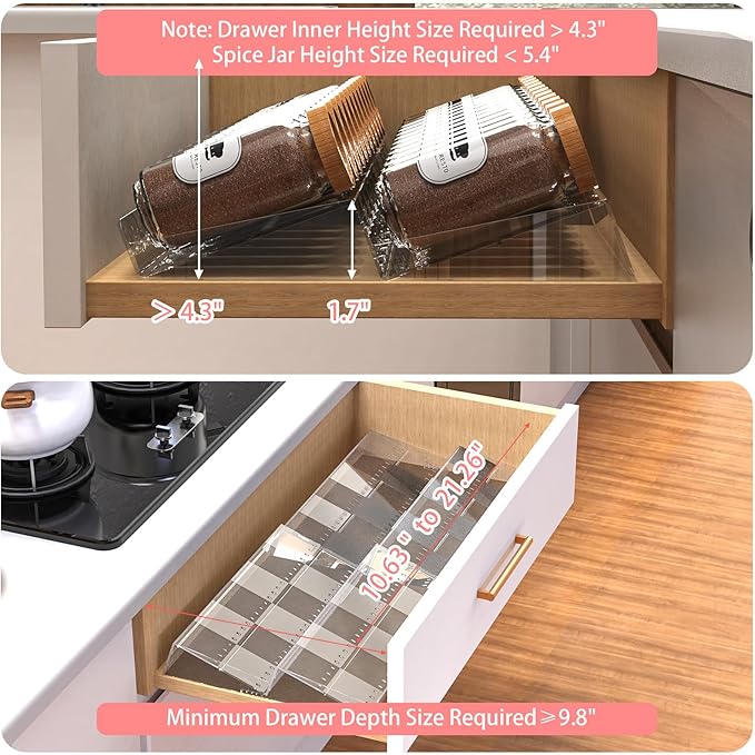 2-Tier Non-Slip Spice Drawer Organizer, 2-Pack Checkered Frosted Clear Acrylic, Expandable (11''-22'') Spice Rack for Kitchen Drawer Storage – Holds Seasonings, Herbs, and Spices (Jars Not Included)-NeatNest