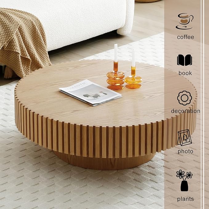 31" Round Coffee Table for Living Room, Mid Century Modern Coffee Table with Sturdy Pedestal, Circle Center Table Accent Tea Table for Apartment ASH