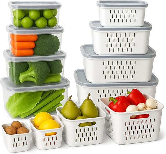 8 Set Fruit Storage Containers for Fridge with Colanders Dishwasher Safe, Leakproof Fruit and Vegetable Storage BPA-Free Plastic, Produce Storage Keep Berry Fruit Veggie Meat Fresh
