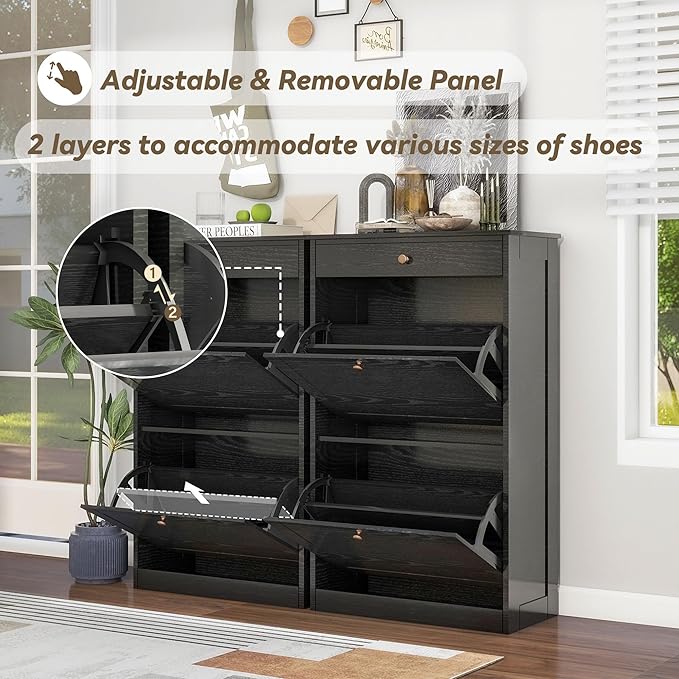 Shoe Storage Cabinet with 2 Flip Doors Set of 2, Wooden Narrow Shoe Cabinet Organizer with Drawer, Freestanding Hidden Shoe Rack with Adjustable Shelf for entryway, Hallway, Living Room, Black-NeatNest