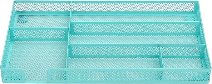 Annova Desk Drawer Organizer Tray for Office Organization - Metal Mesh - Storage Tray with Dividers for Pens, Desktop Accessories, Bathroom, Kitchen, Makeup and Office Supplies (Small, Turquoise)-NeatNest