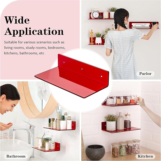 12 Inches Red Small Wall Shelves, Acrylic Bathroom Shelves for Wall, Floating Shelves for Living Room, Funko Pop Shelves, 2 Pack-NeatNest