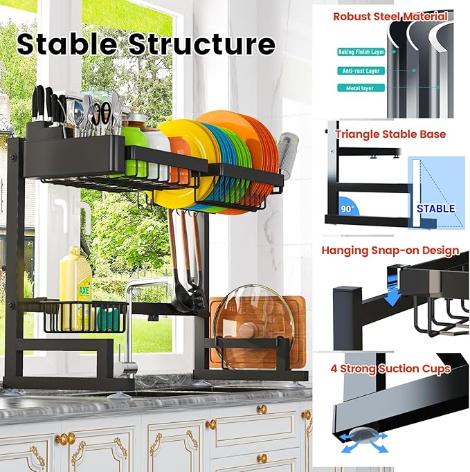 ADBIU Fit Sink 24.5"- 35.5" L Over Sink Dish Drying Rack (Expandable Dimension) Snap-On Design 2 Tier Large Kitchen Dish Rack Stainless Steel Counter Organization and Storage